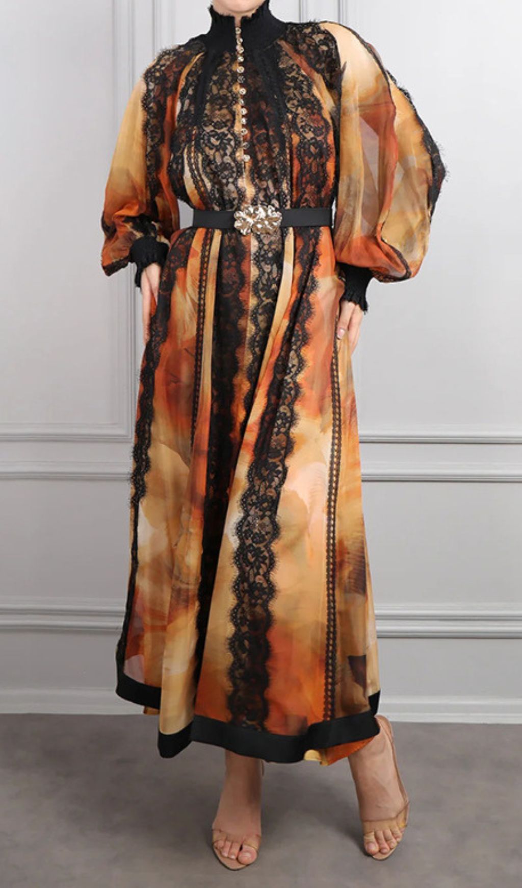 Elegant Imari Lace & Print Midi Dress | Romantic Long Sleeve Women's Gown