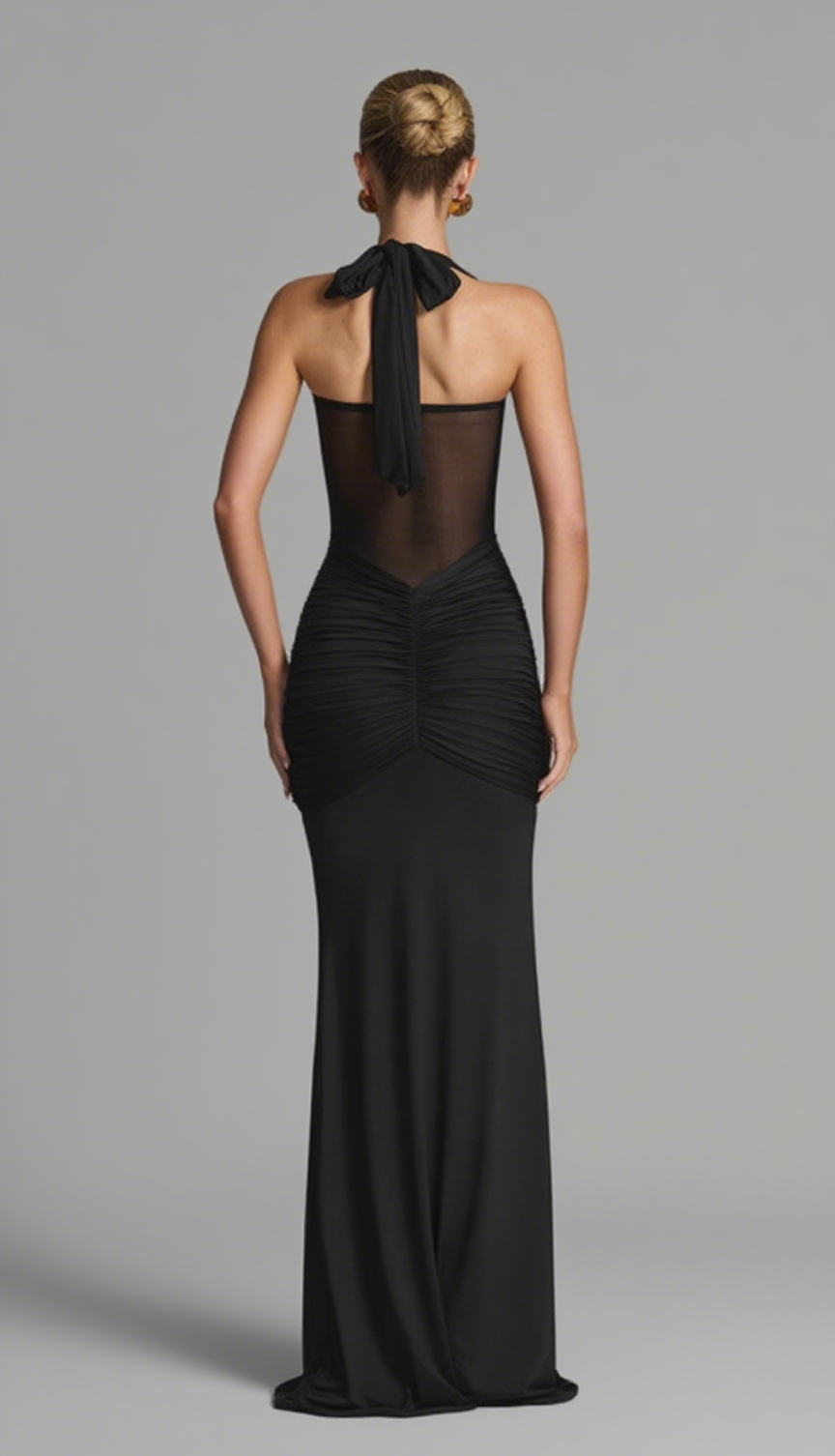 Halter Neck Twist Cutout Ruched Maxi Dress in Black