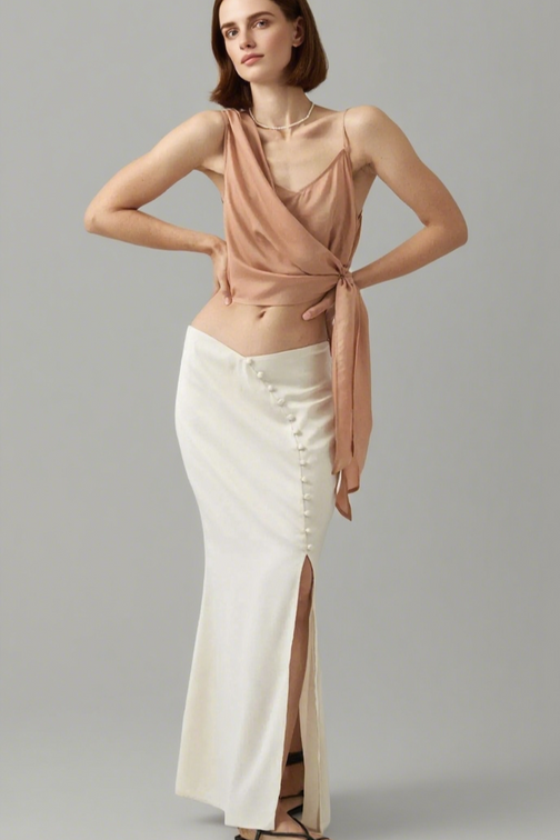 Curve Matte Satin Buttoned Maxi Skirt
