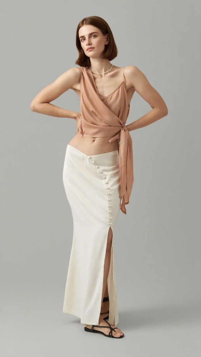 Curve Matte Satin Buttoned Maxi Skirt