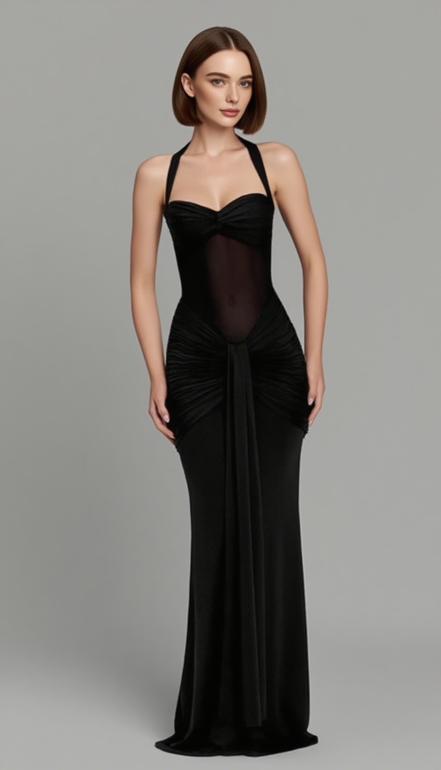 Halter Neck Twist Cutout Ruched Maxi Dress in Black