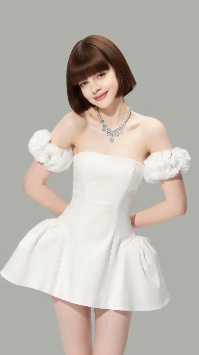 sherry Flower strapless puffy mini dress in white