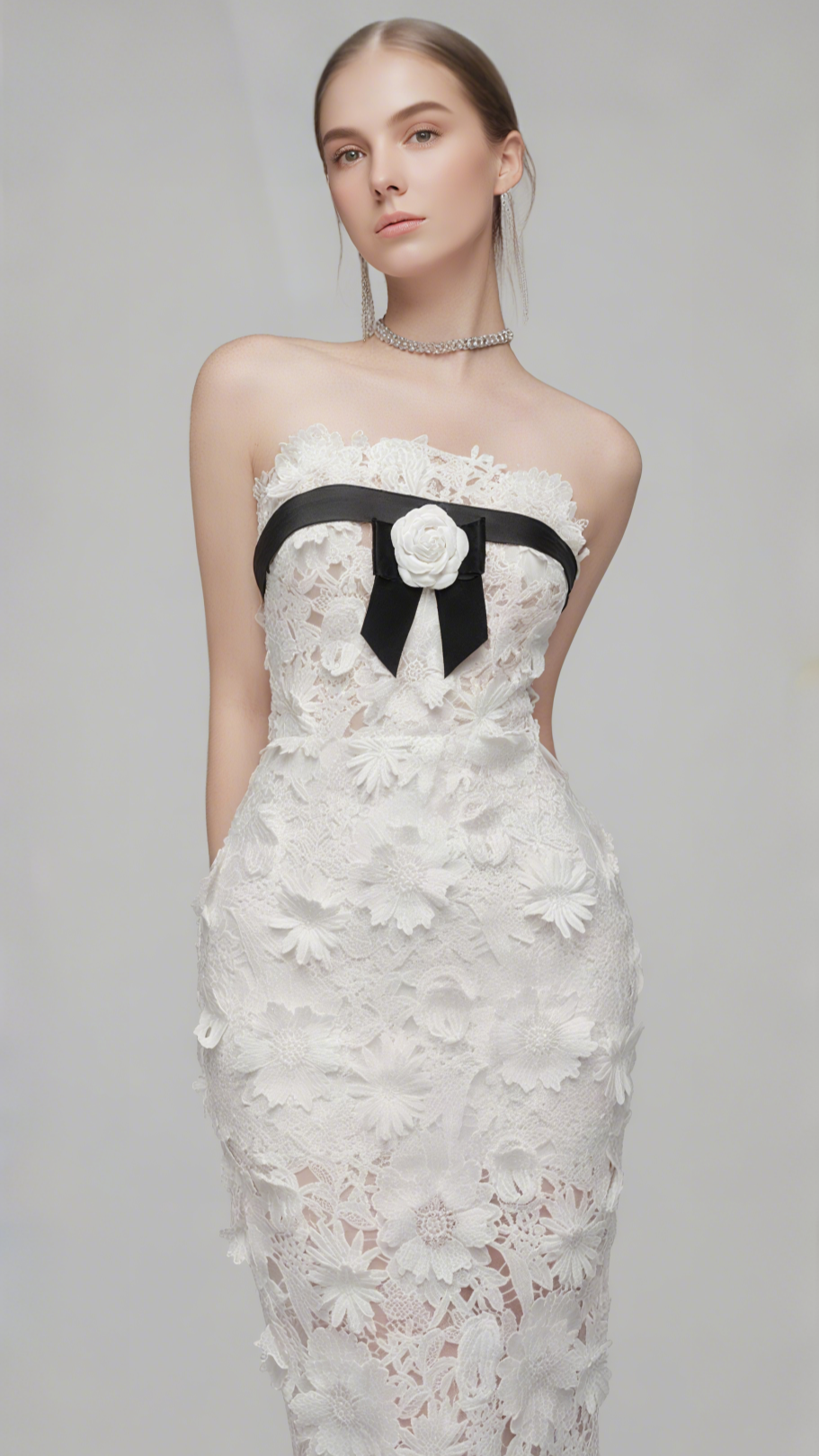 Strapless Flower Embroidery Maxi Dress In White