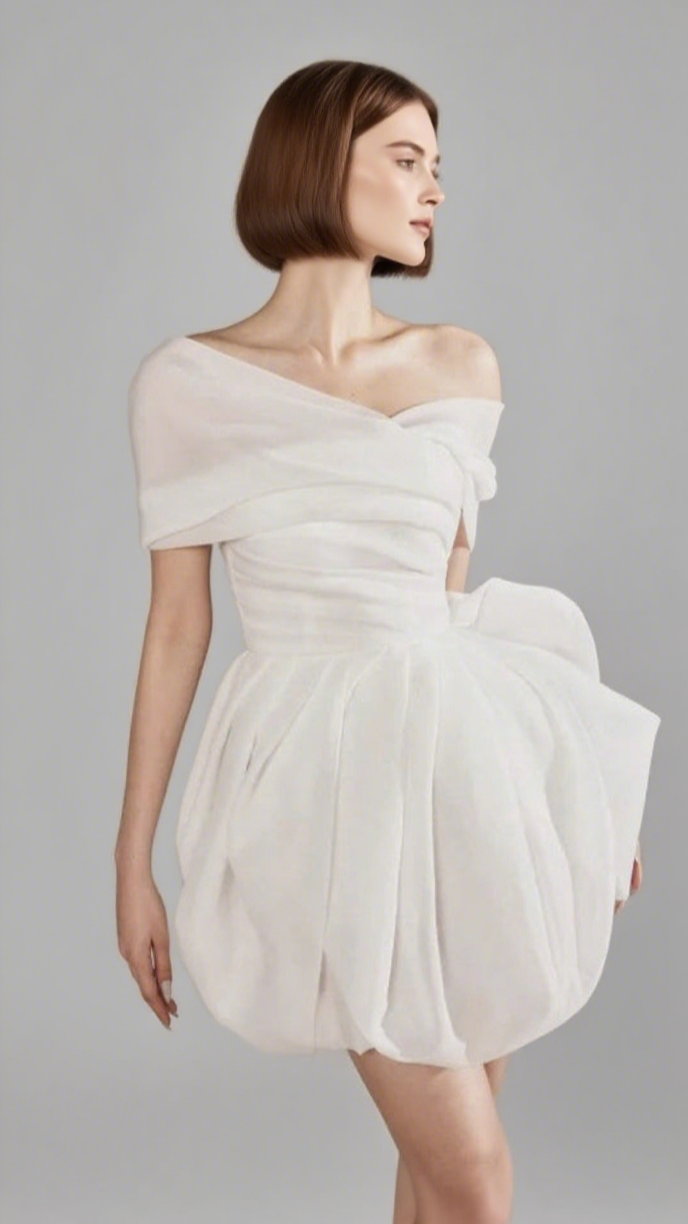 ONE SHOULDER RUCHED MINI DRESS IN White