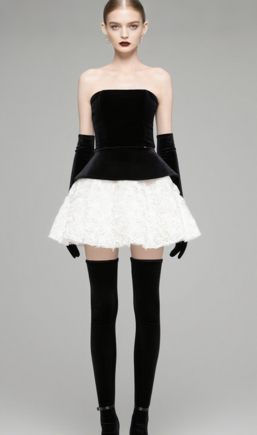 Velvet & 3D Floral Strapless Mini Dress Set - Black & White