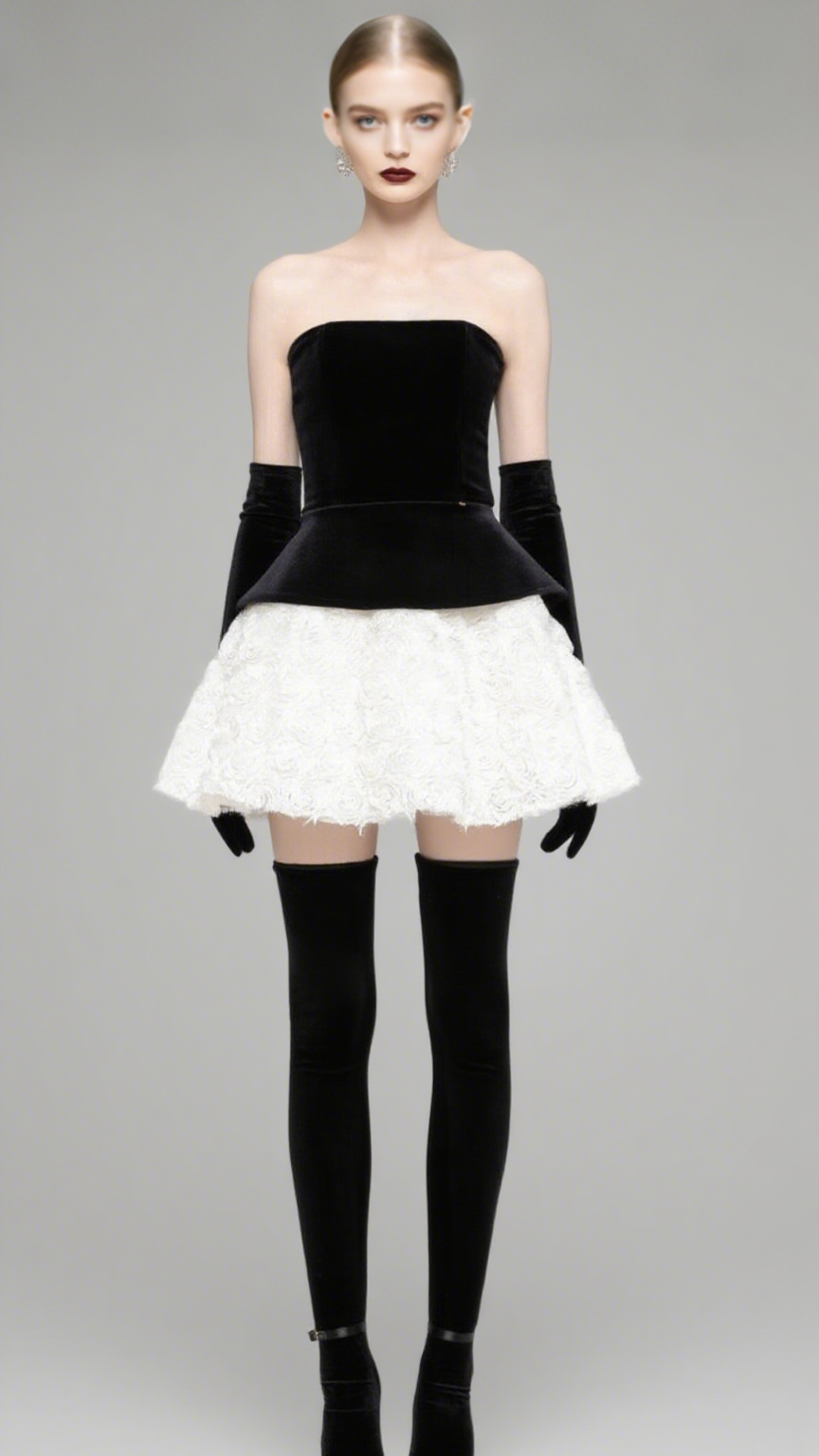 Velvet & 3D Floral Strapless Mini Dress Set - Black & White