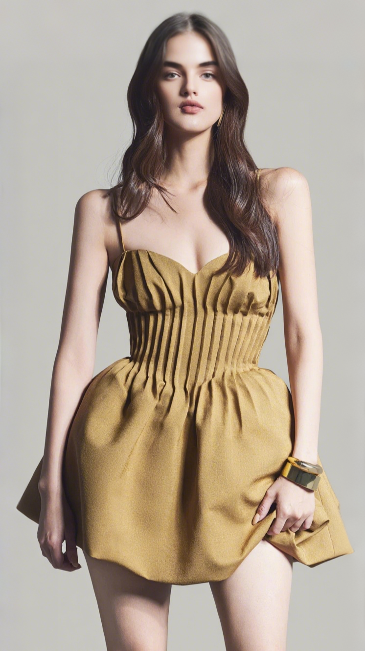 rita pleated slim puffy mini dress in camel