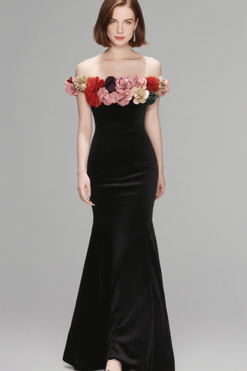 ONE-SHOULDER GOLD VELVET FISHTAIL MAXI DRESS IN BLACK