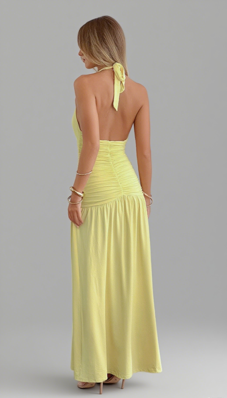 Halter Neck Ruched Maxi Dress in Yellow