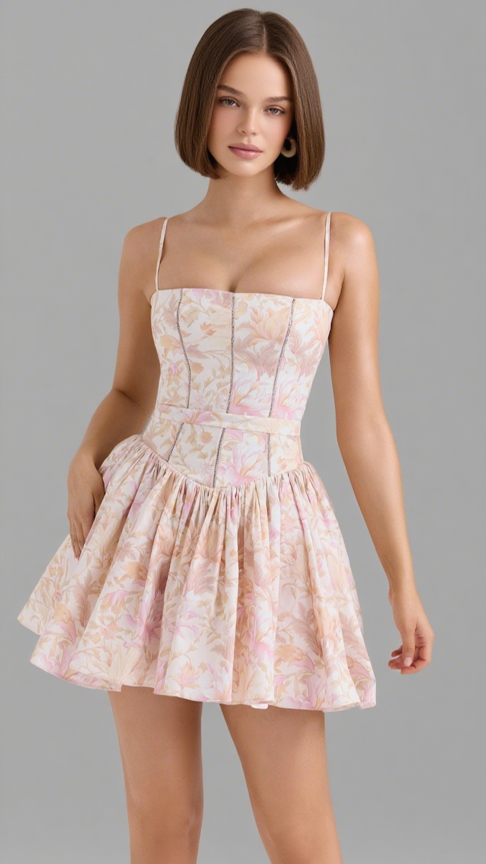PEACH FLORAL STRETCH COTTON MINI DRESS