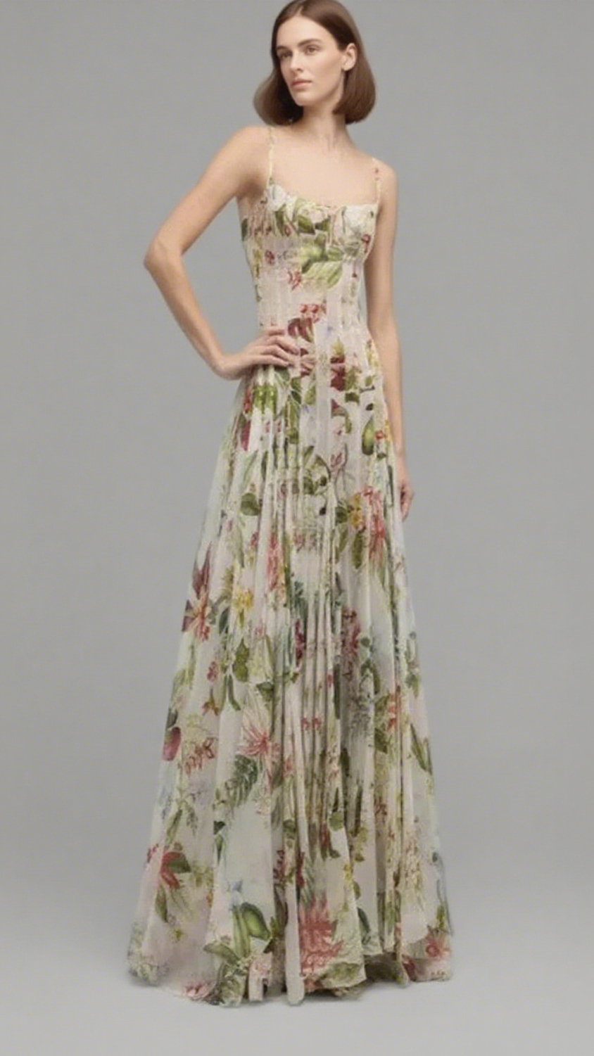 multicolor floral print fauna gazar gown