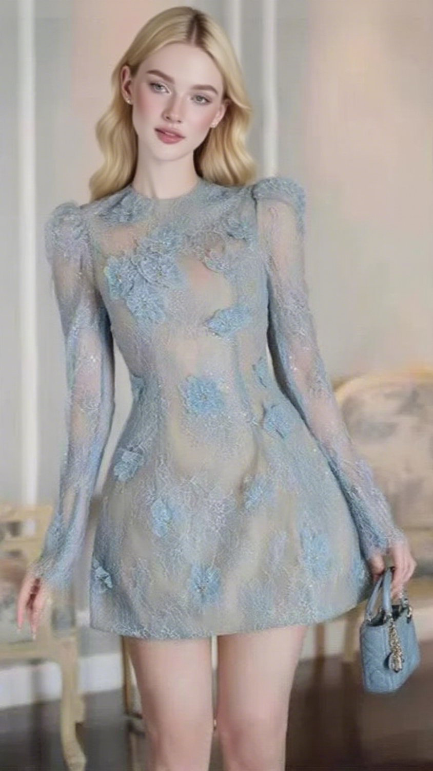 AMY LACE MINI DRESS IN BLUE