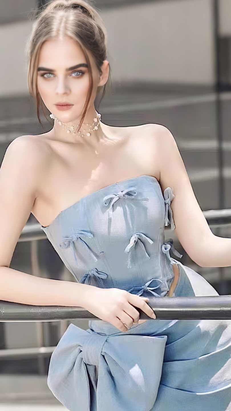 Bow Embellished Two-Piece Set In Blue