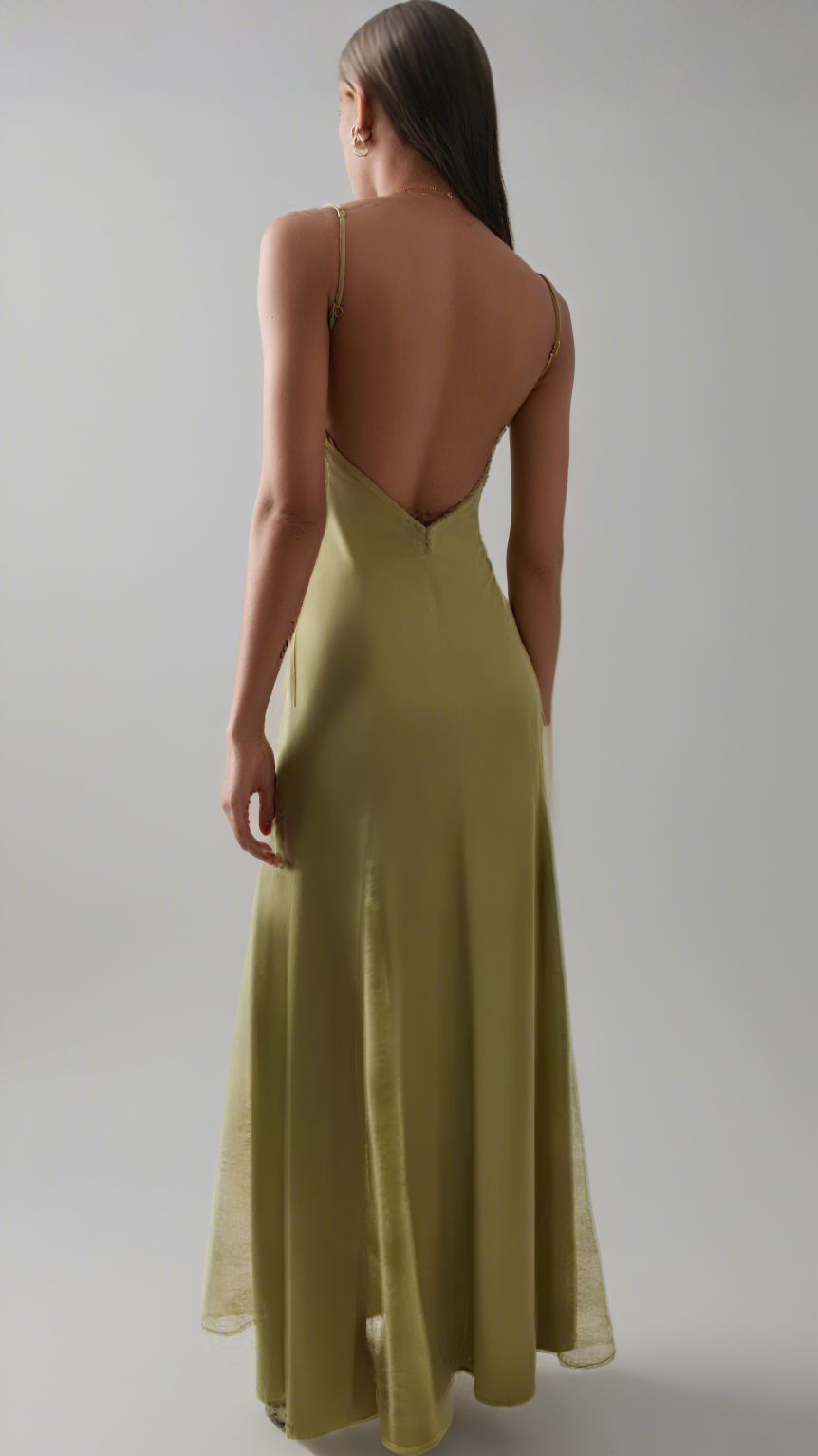 Green Exclusive Lace-Inset Silk Maxi Slip Dress