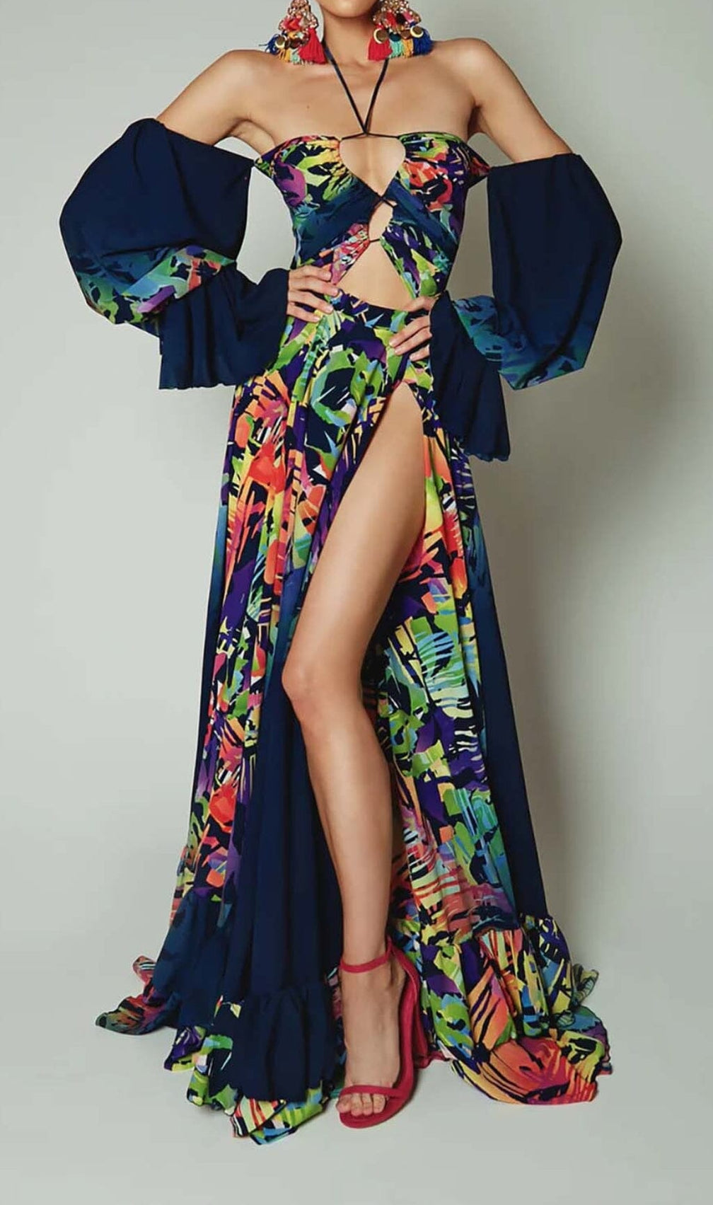 Off Shoulder Flowy Sleeves Maxi Dress In Multi-Color