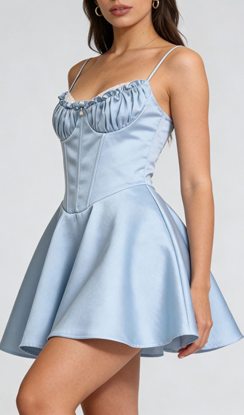 Kelsy Ethereal Blue Satin Corset Mini Dress with Lace Trim