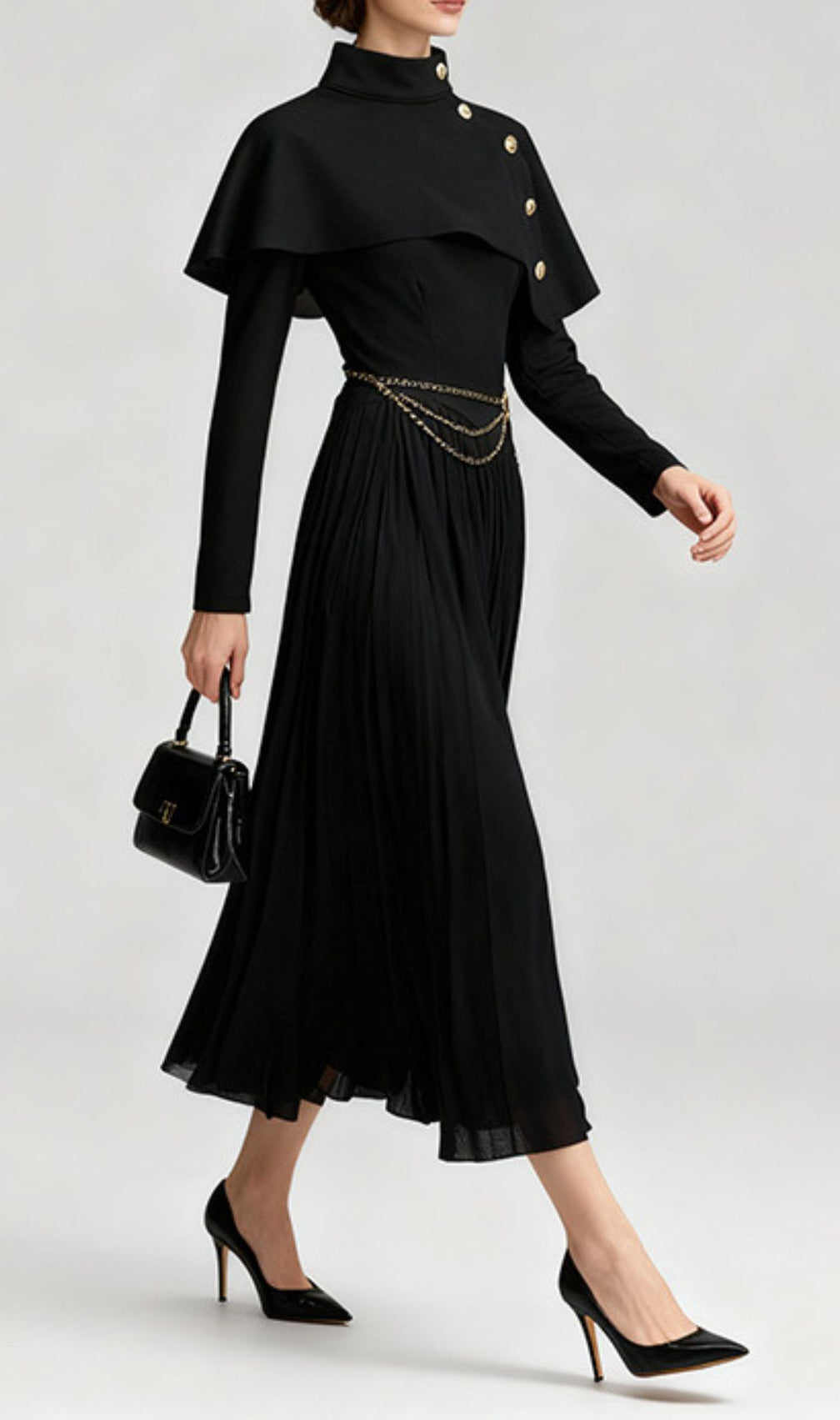 Jairo Black Asymmetrical Capelet Midi Dress - Elegant Long Sleeve Style