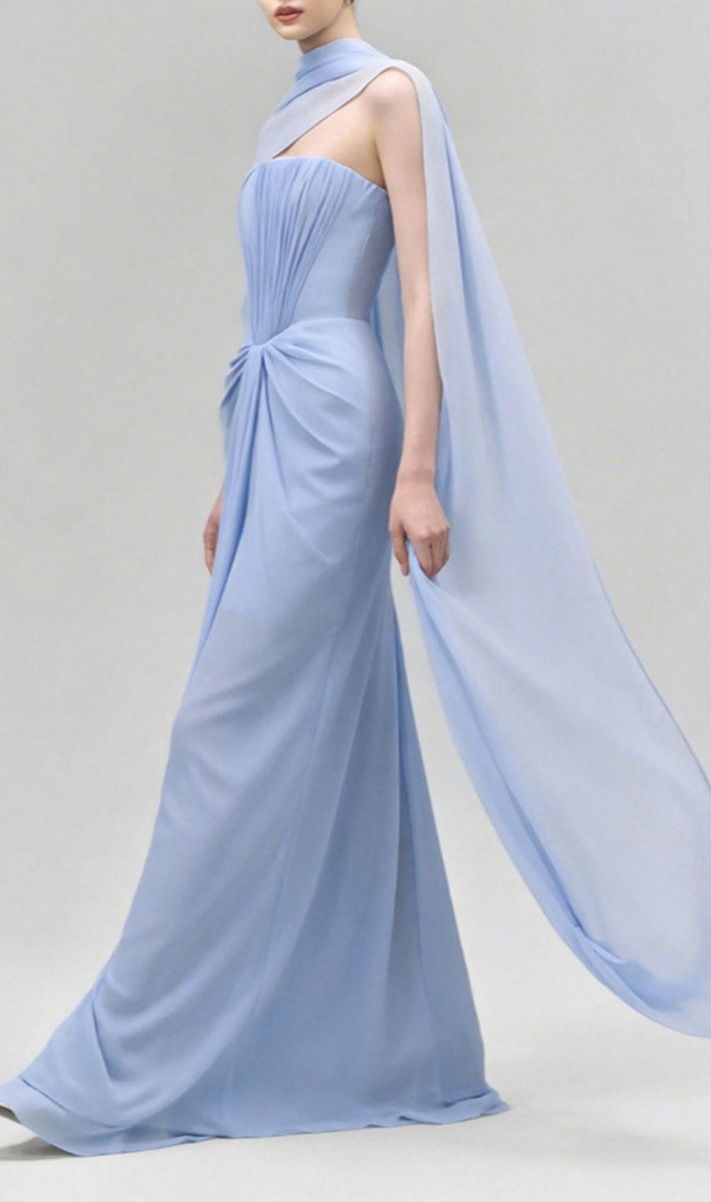 Kayley Periwinkle Blue Strapless Pleated Maxi Gown with Draped Shawl - Event Ready Elegance