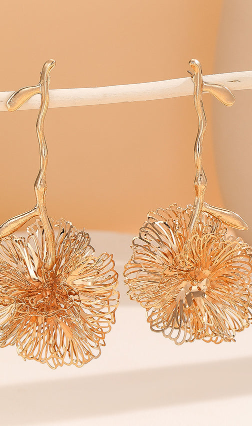 Cynthia Gold Wire Flower Dangle Earrings - Unique Statement Floral Jewelry for Women