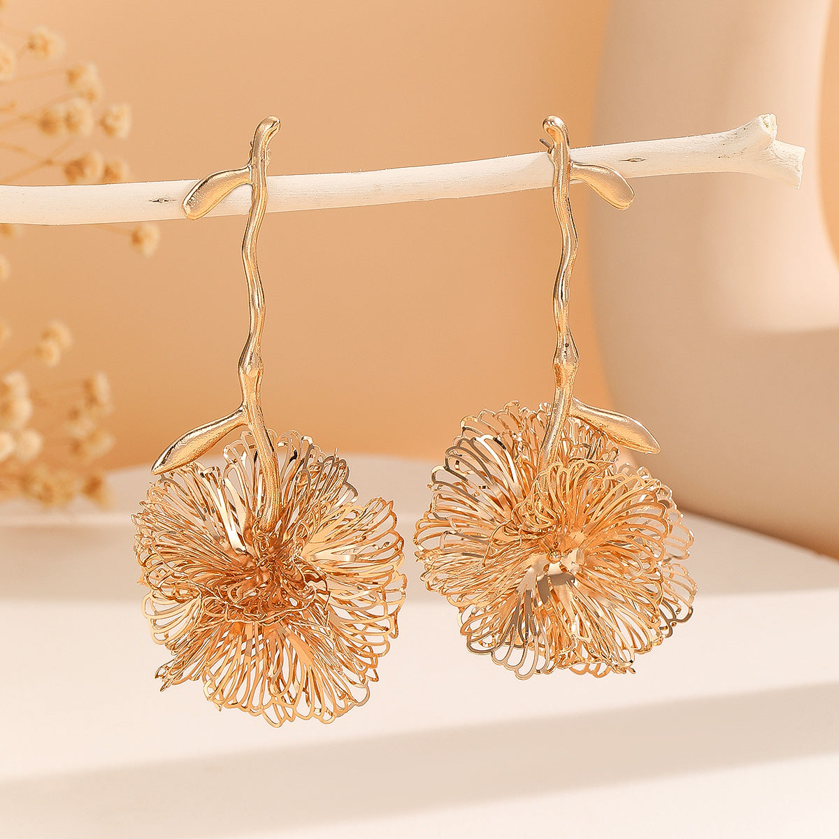 Cynthia Gold Wire Flower Dangle Earrings - Unique Statement Floral Jewelry for Women