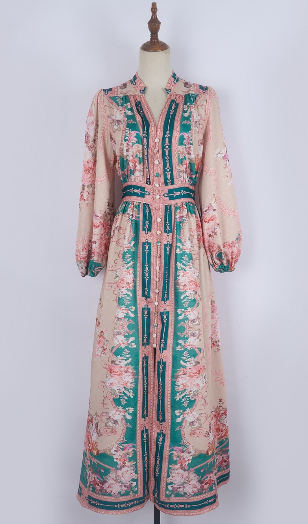 Kamillia Elegant Green Floral Long Sleeve Maxi Dress | Romantic Garden Party Gown for Women