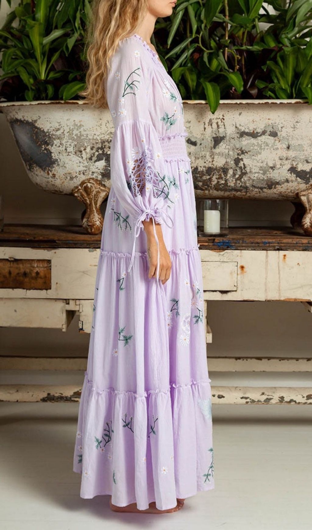 Kamalani Lavender Dreams Embroidered Maxi Dress | Bohemian Floral Tiered Gown