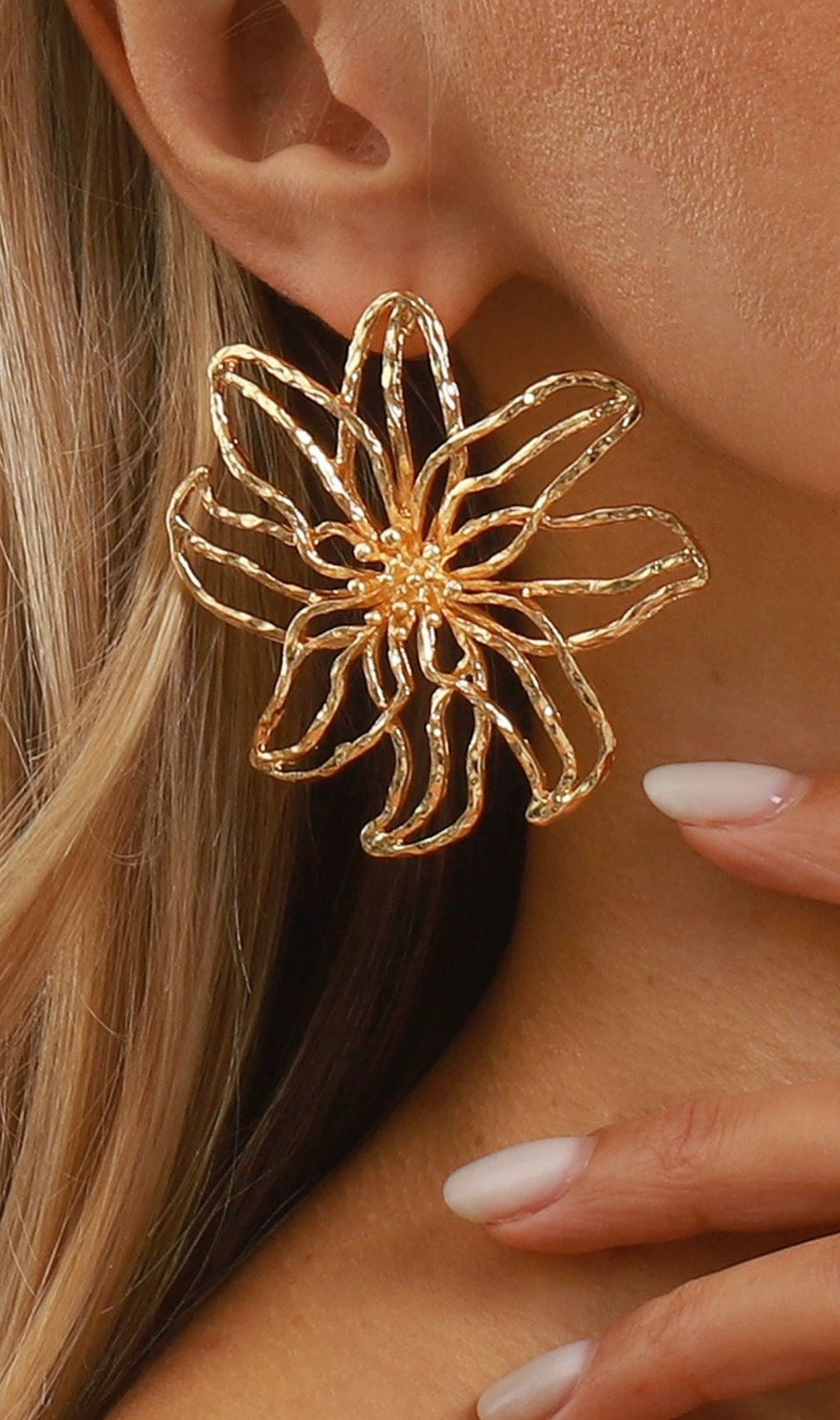 Juji Gold Abstract Floral Statement Earrings | Modern Wire Flower Design