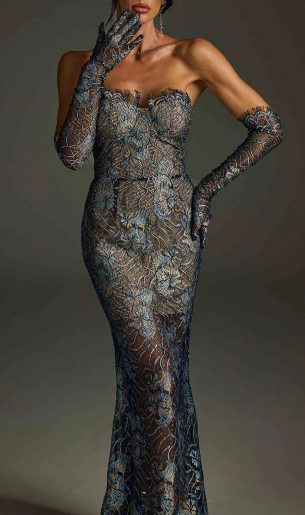 Javion Enchanting Strapless Floral Lace Gown with Opera Gloves