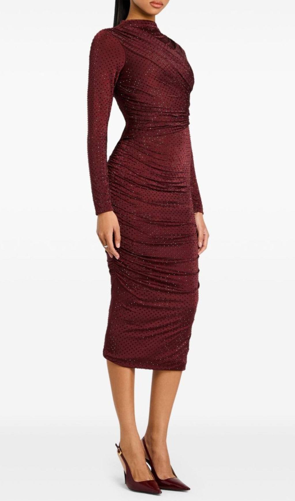 Devika Wine Embellished Ruched Midi Dress