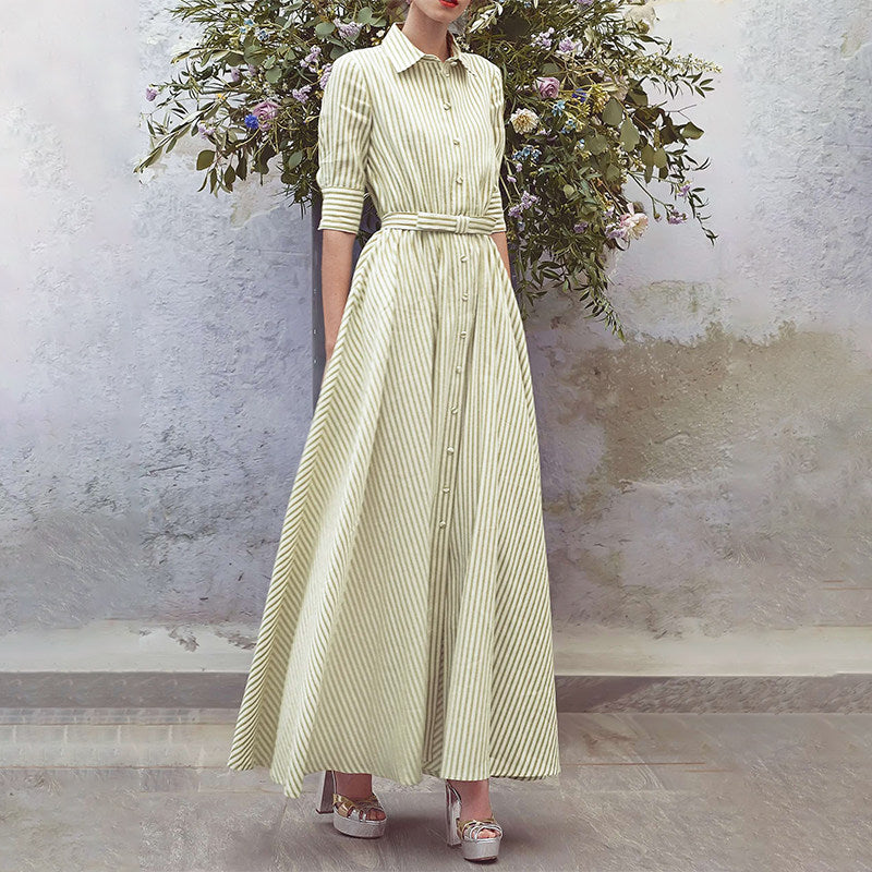Effortless Chic: Green & White Striped Belted Maxi Shirt Dress for Women