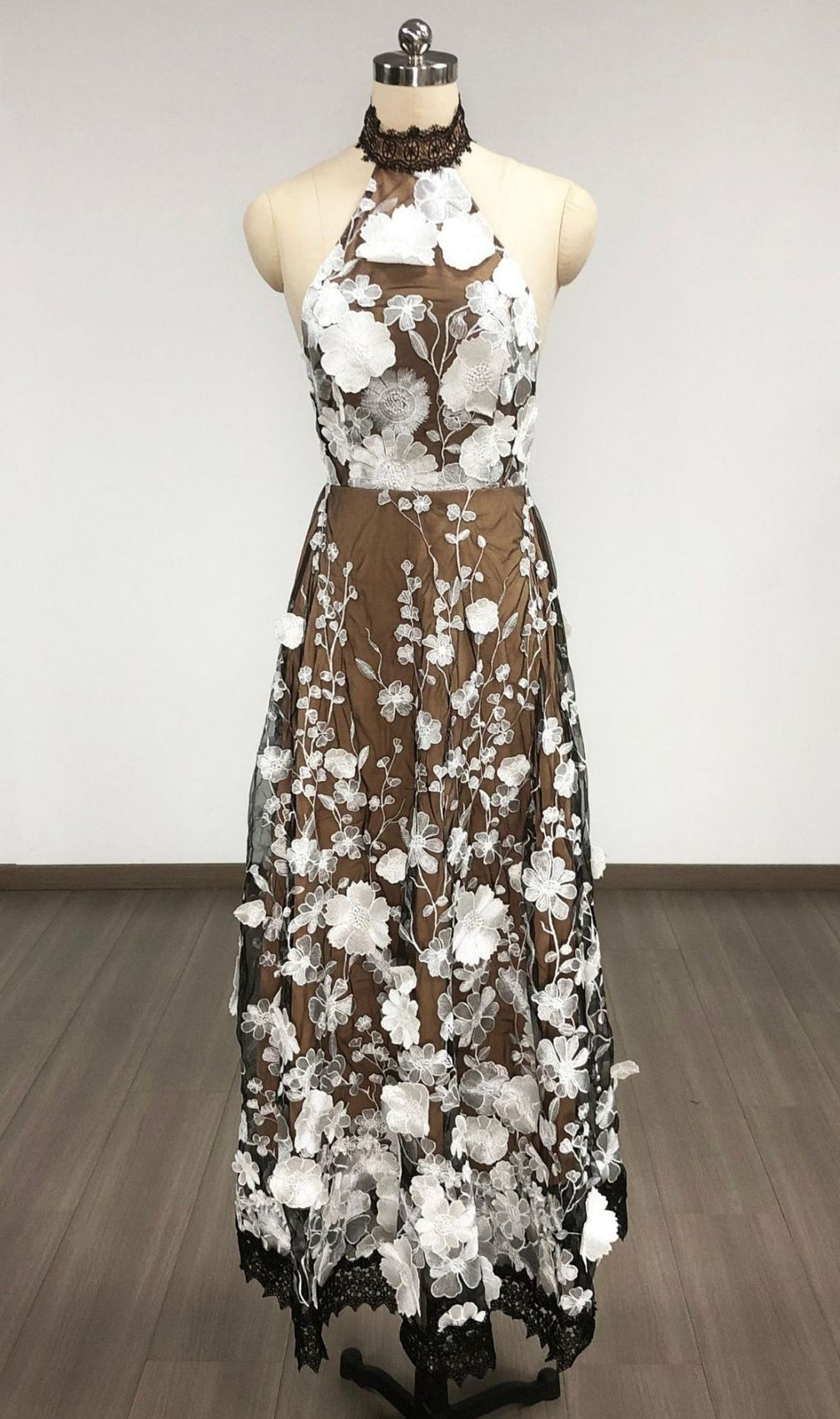 Karisma Elegant Black & White Floral Halter Midi Dress