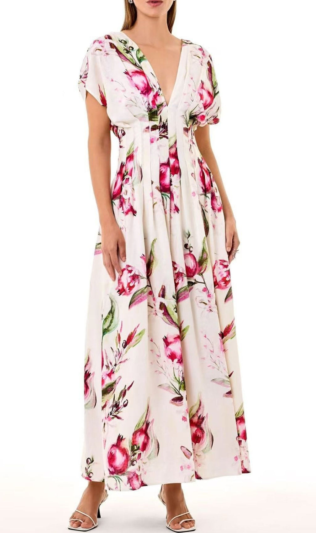 Sonya Pleated Floral Print Maxi Dress in White