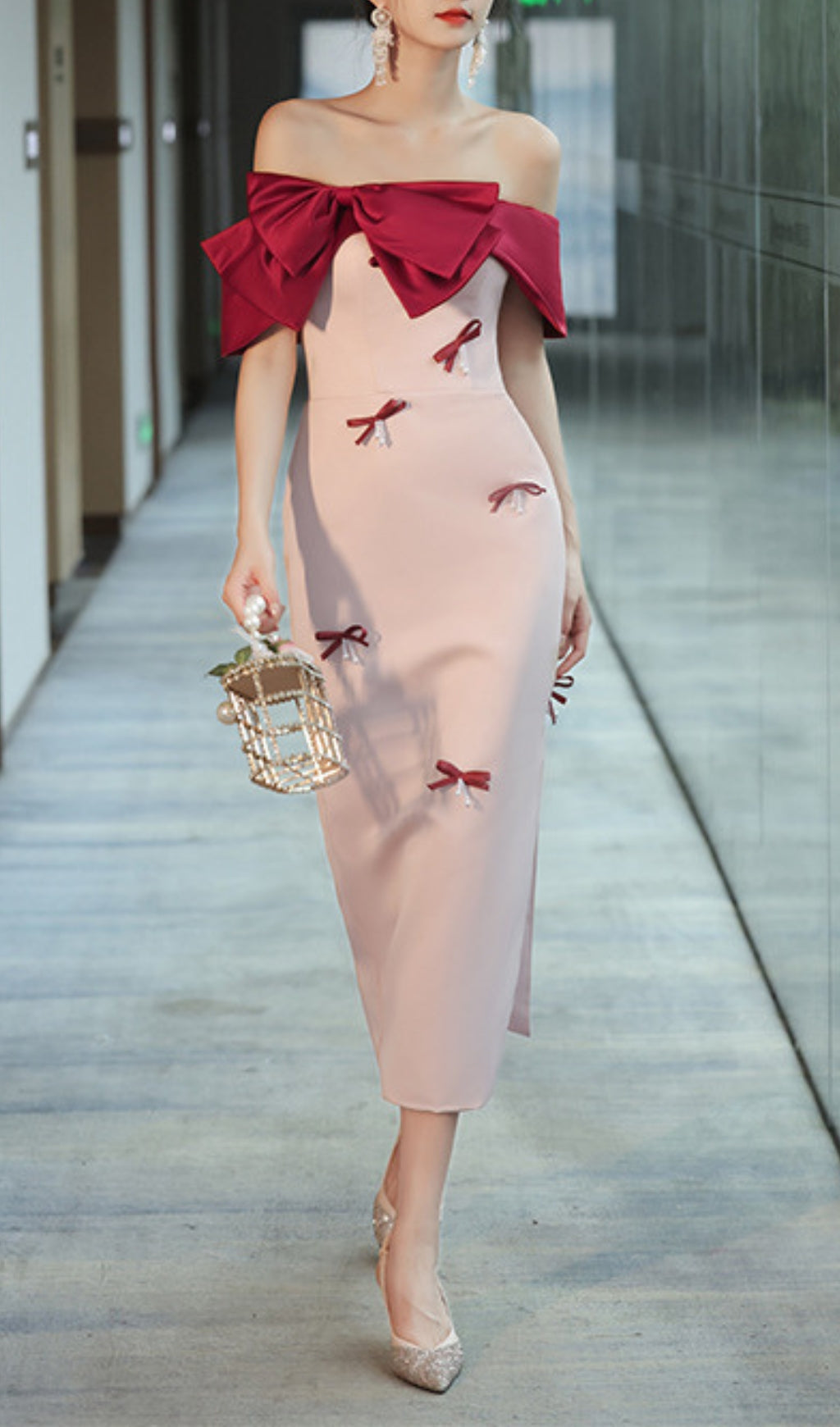 Ashly Faux Pearl Bow Midi Dress