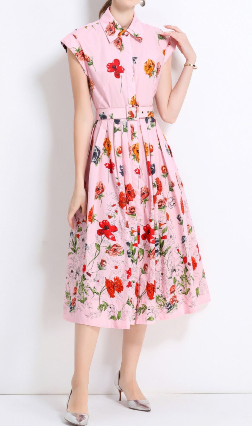 Fusca Pink Flower Printed Midi Dress