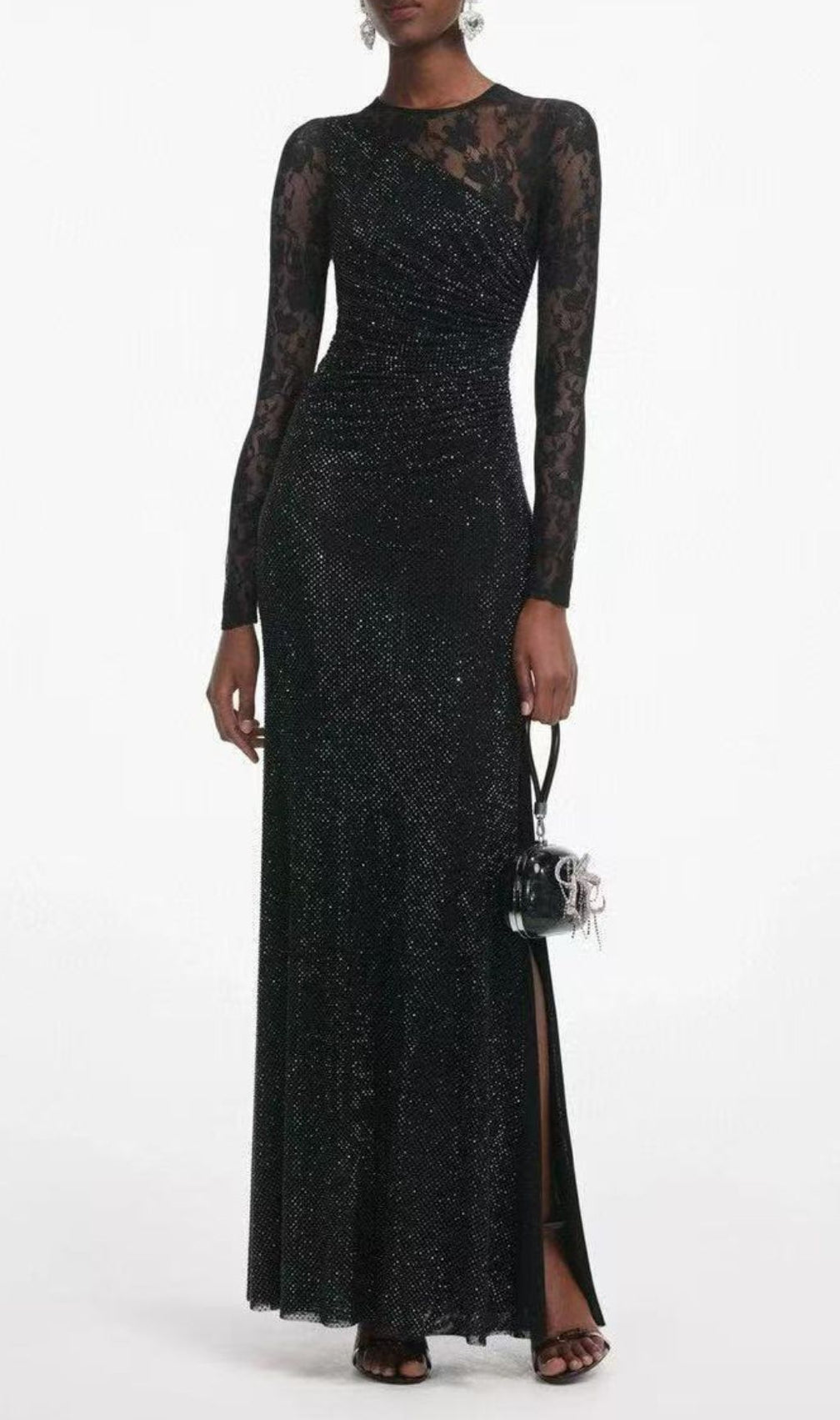 Raerion Dazzling Black Rhinestone Lace Split Maxi Dress