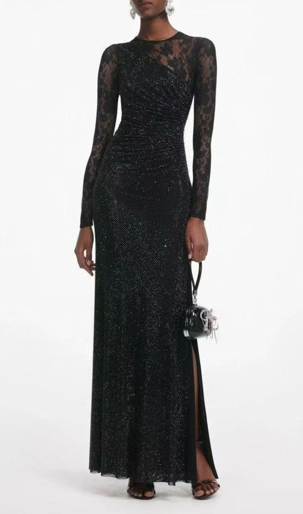 Raerion Dazzling Black Rhinestone Lace Split Maxi Dress