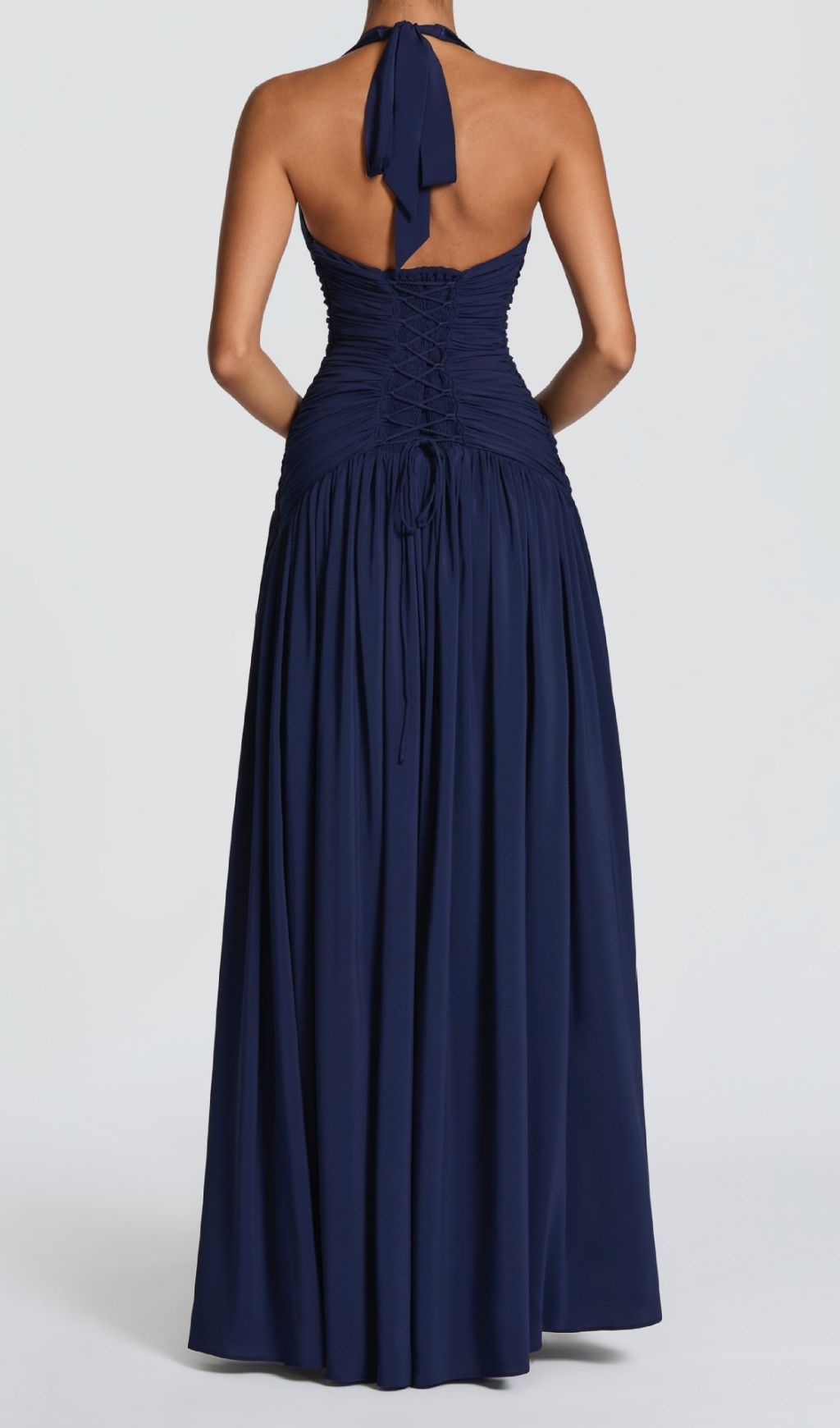 Kelley Navy Halter Ruched Maxi Dress with High Slit | Elegant Formal Gown