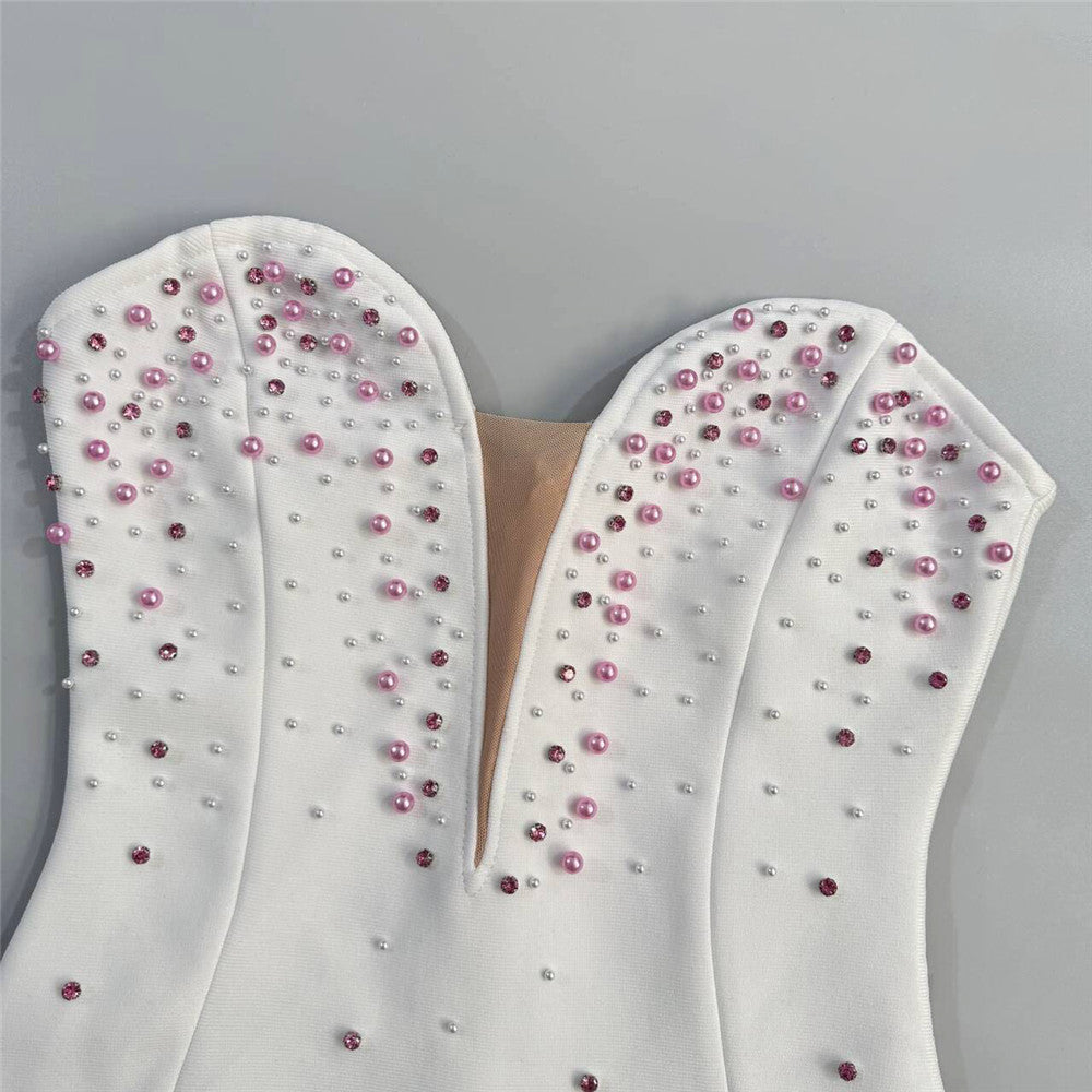 Hita Pink Strapless Beaded Floral Bandage Mini Dress - Party Glam