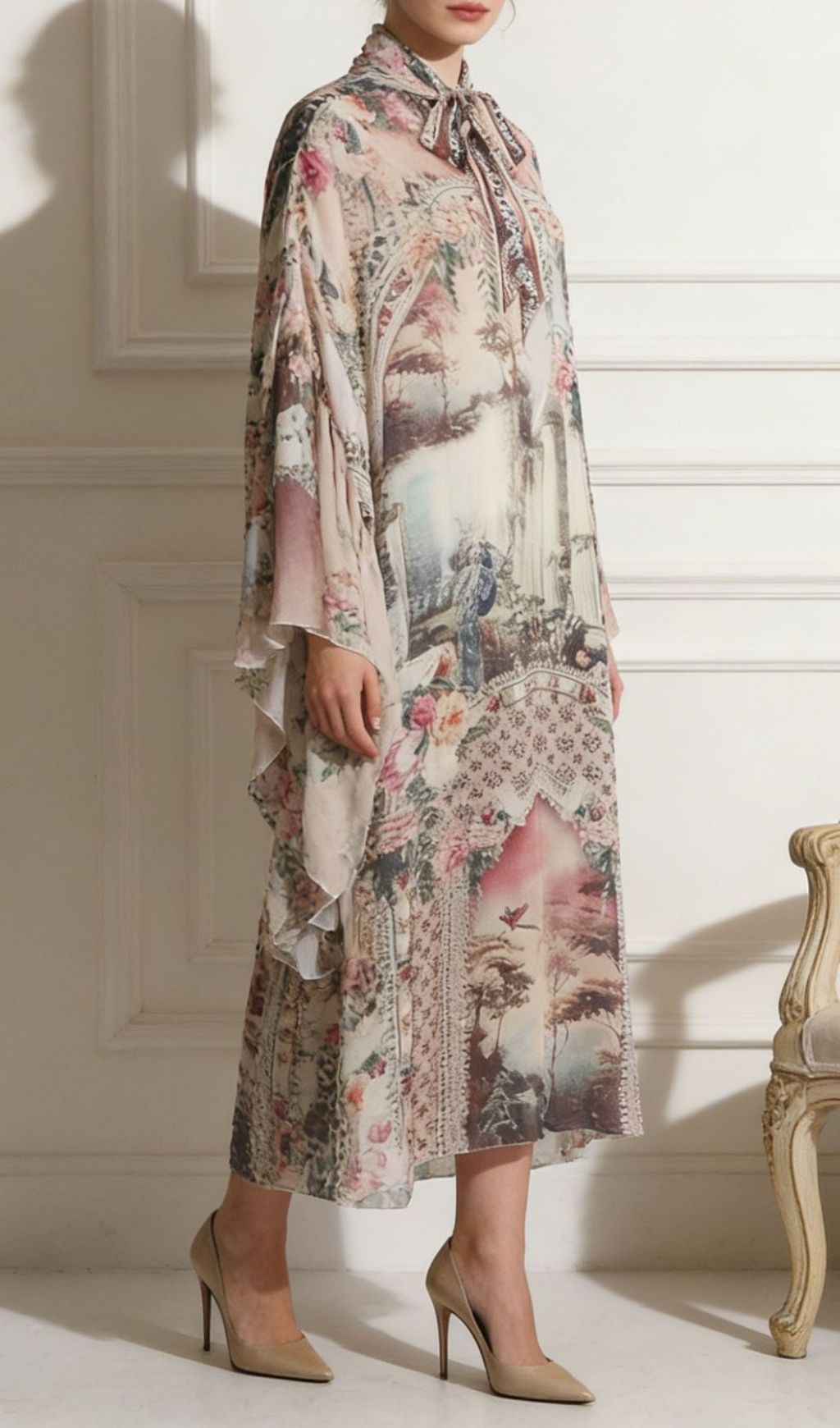 Kennice Enchanted Garden Flowy Maxi Dress - Elegant Tie-Neck & Kimono Sleeves