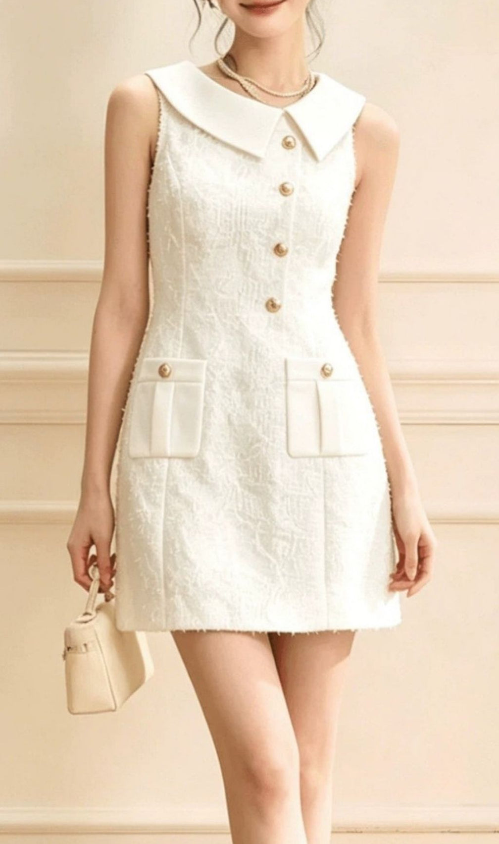 Kikuye Textured Mini Dress: Sleeveless, Chic Collar & Gold Buttons