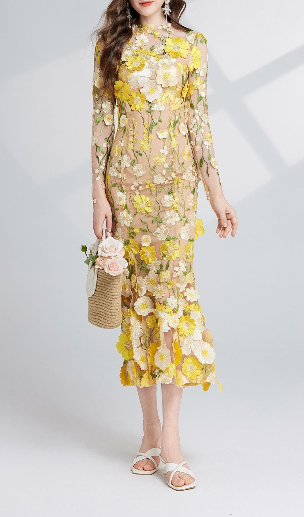 Carol Yellow Floral Embroidery Mesh Fishtail Long Sleeve Midi Dress