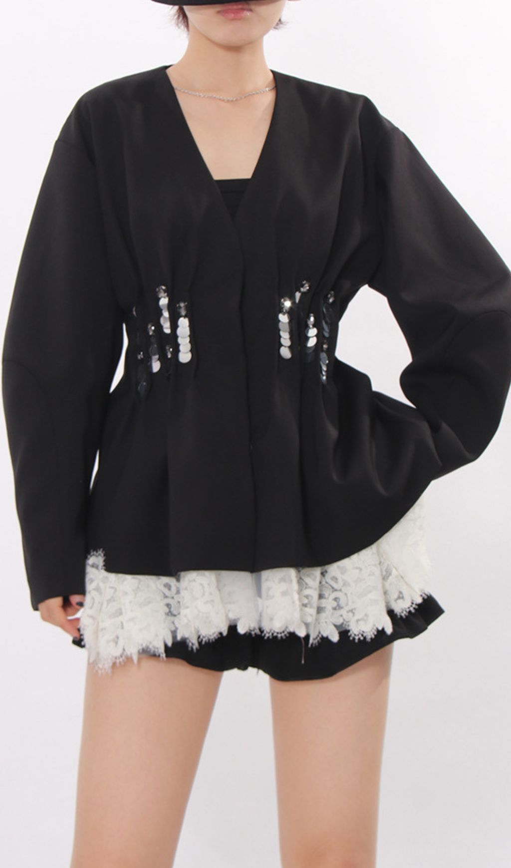 Janina Black Pleated Sequin Embellished Blazer – Chic Lace Patchwork Statement Jacket