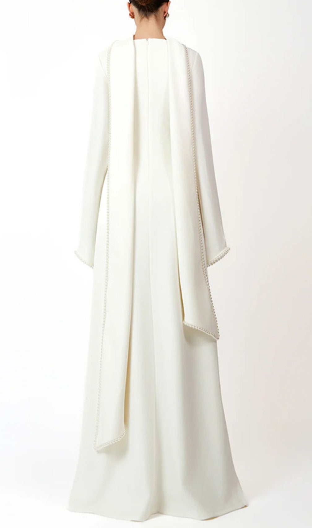 Hidi Shawl Pearl-Trimmed Maxi Dress | Elegant Long Sleeve White Gown