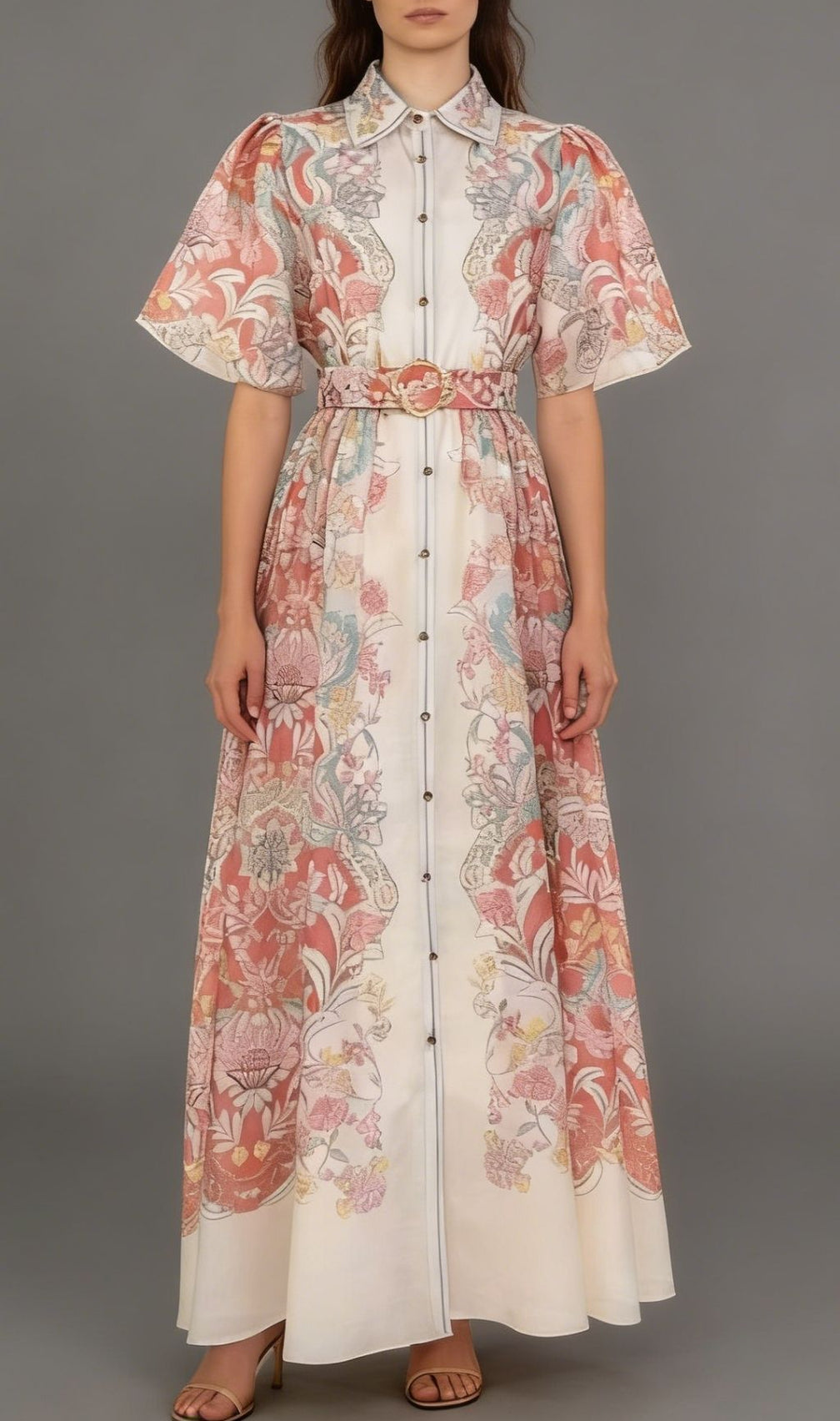 Karsen Elegant Floral Print Puff Sleeve Maxi Shirt Dress