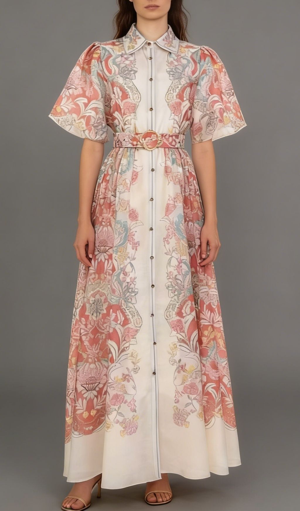 Karsen Elegant Floral Print Puff Sleeve Maxi Shirt Dress
