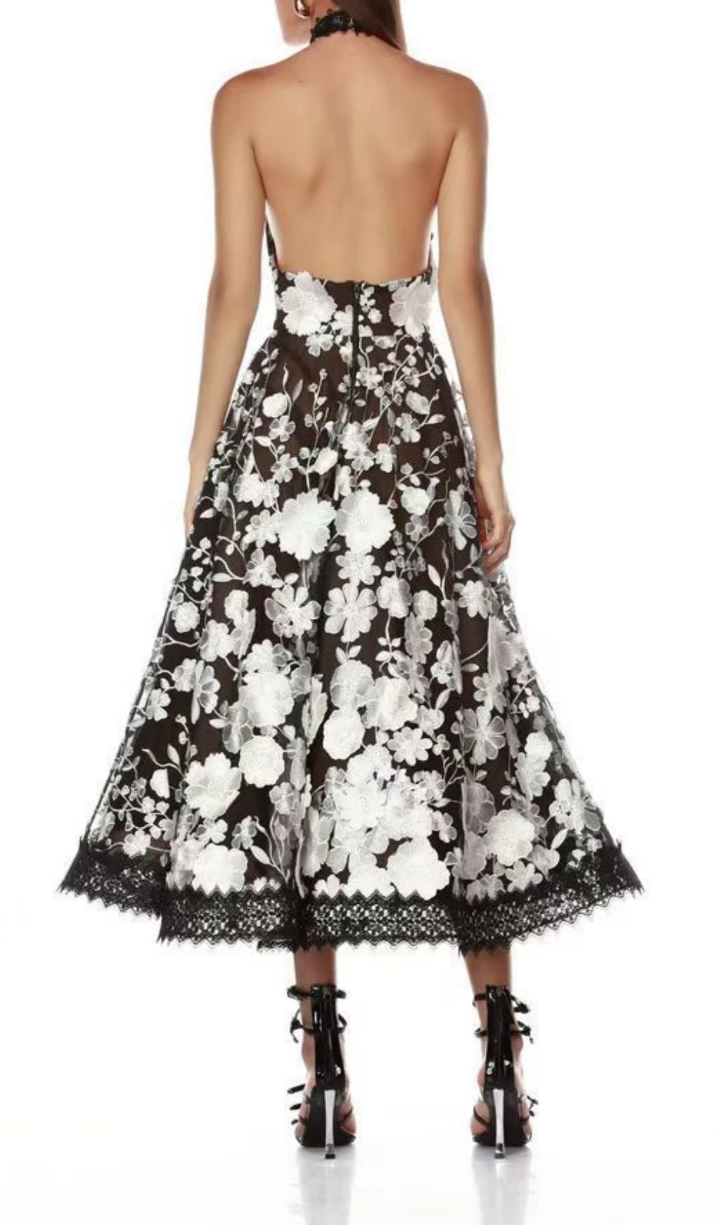 Karisma Elegant Black & White Floral Halter Midi Dress