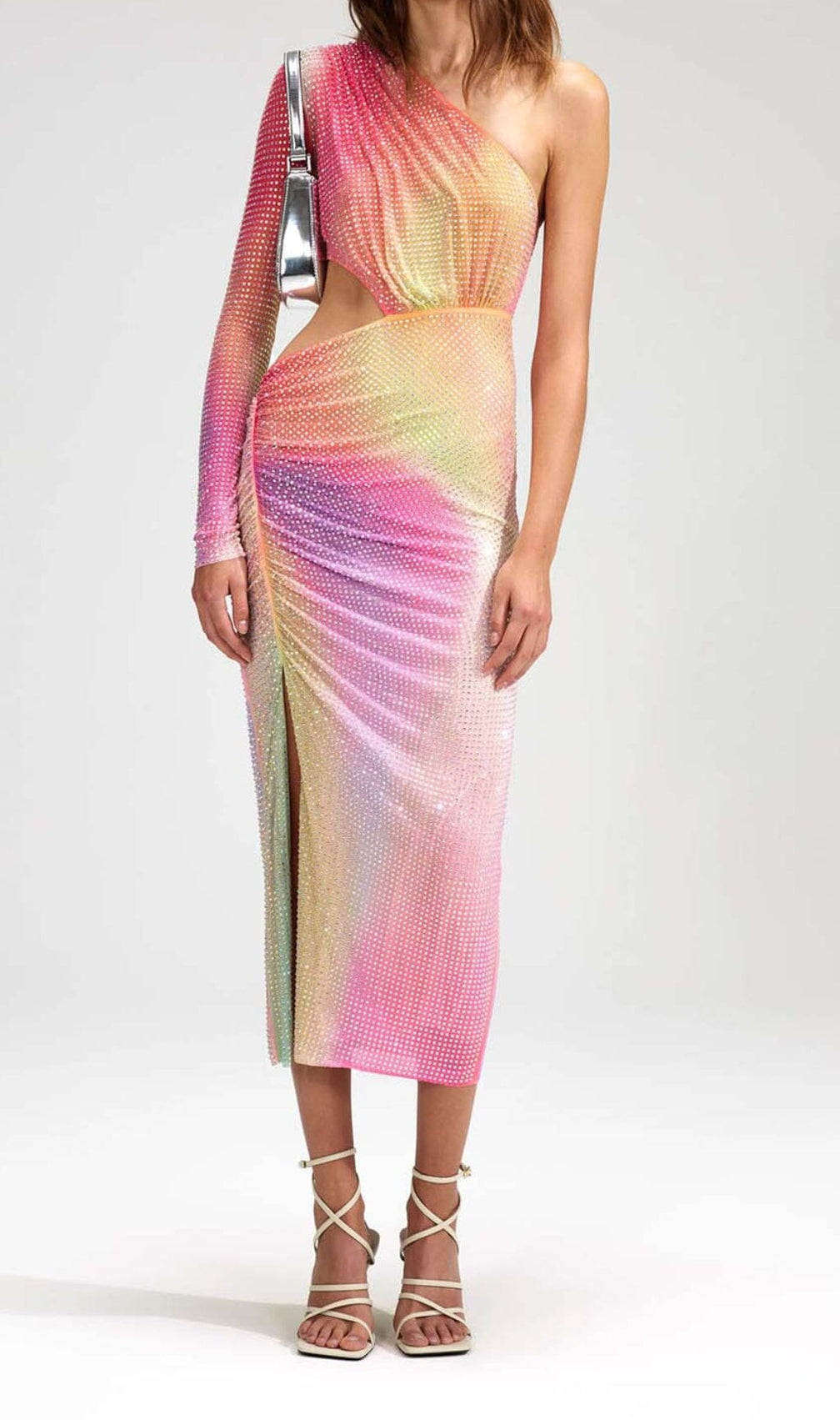 Mesh Rhinestone One Shoulder Midi Dress In Cotton Candy