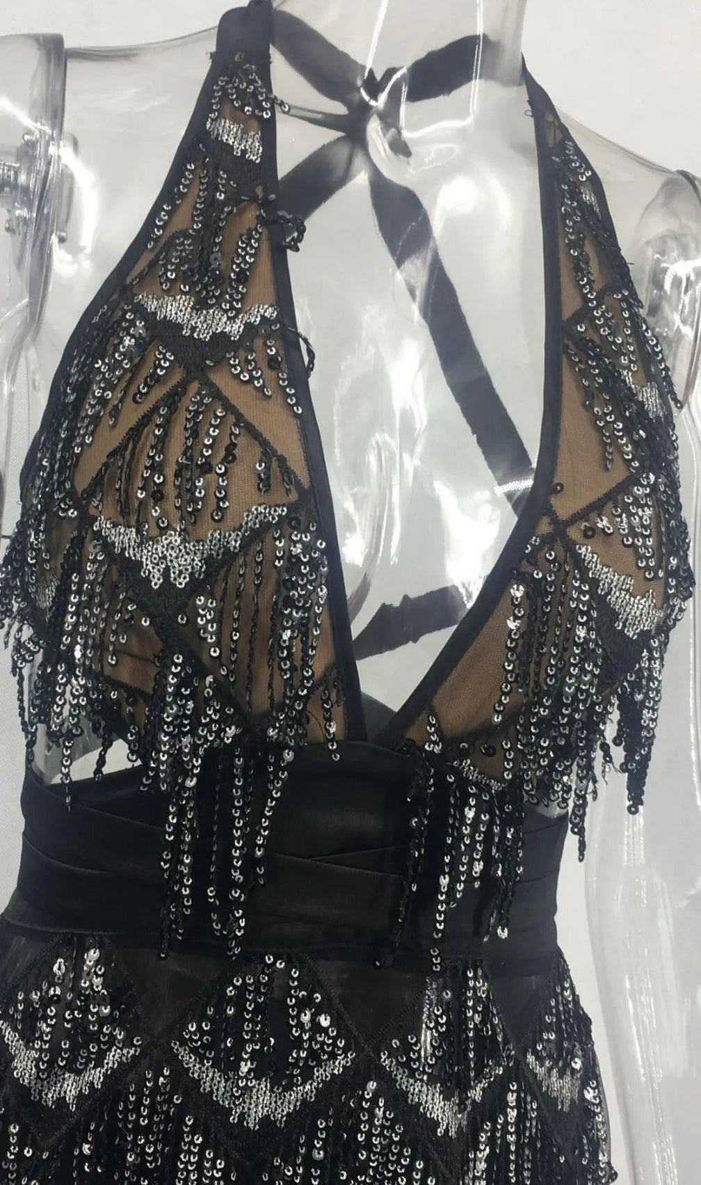 Black Sequin Backless Mini Dress