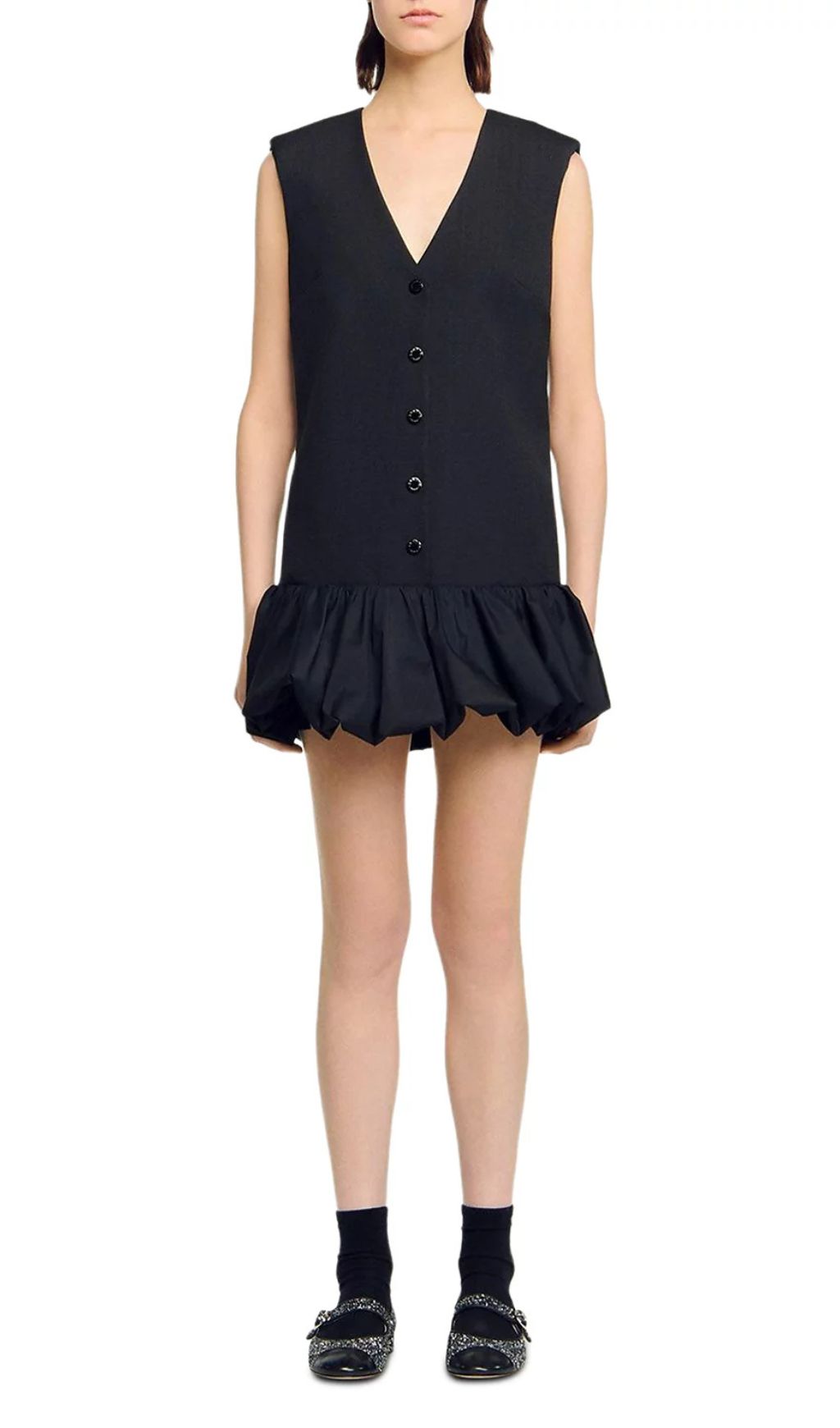 Chic V-Neck Button-Front Bubble Hem Mini Dress