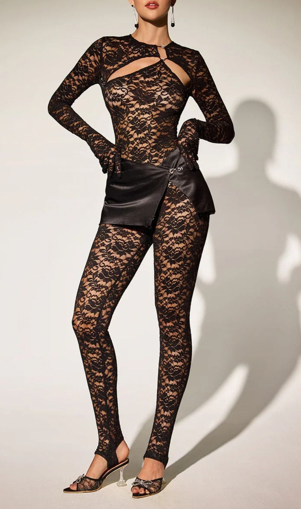 Eustace Glamour Lace Cutout Jumpsuit with Satin Mini Skirt Overlay